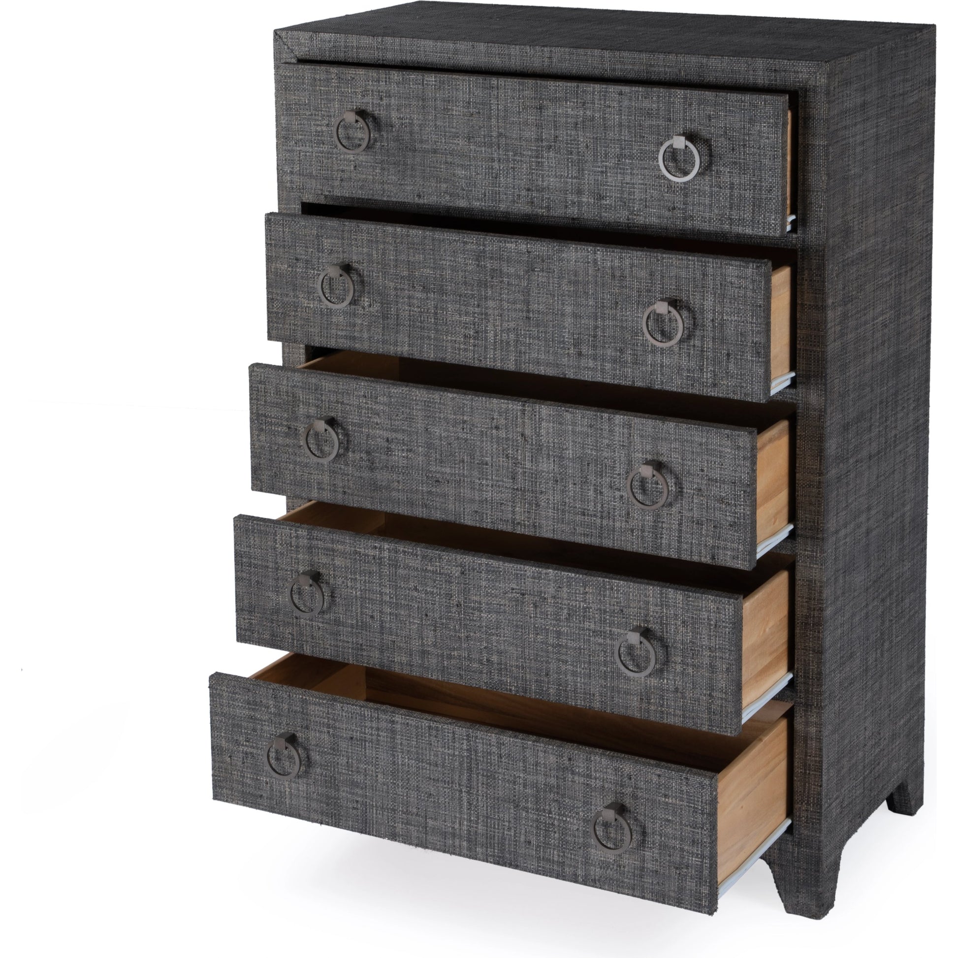 Bar Harbor 5 Drawer Raffia Dresser by Butler Specialty Company. Made from gmelina solids, mdf, oak veneer, saguran raffia with zinc handles in a traditional style.
