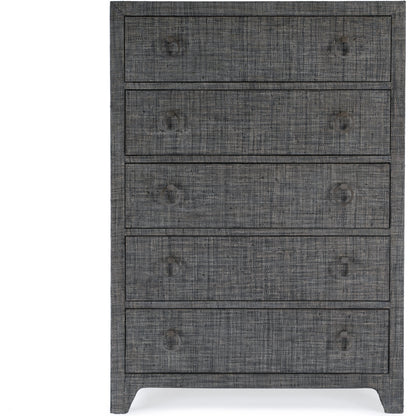 Bar Harbor 5 Drawer Raffia Dresser by Butler Specialty Company. Made from gmelina solids, mdf, oak veneer, saguran raffia with zinc handles in a traditional style.