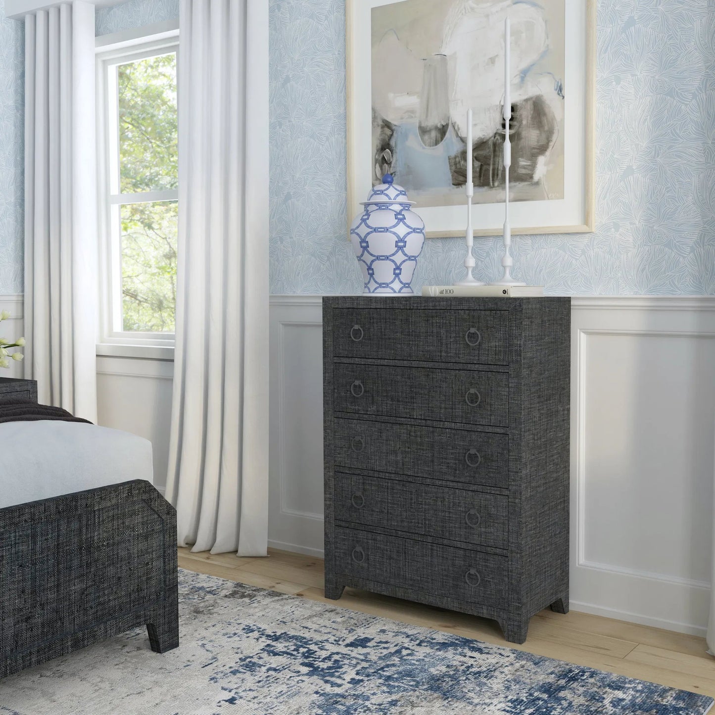 017 SI-2077794 | Lifestyle | Bar Harbor 5 Drawer Raffia Dresser by Butler Specialty Company. Made from gmelina solids, mdf, oak veneer, saguran raffia with zinc handles in a traditional style.