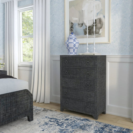 Bar Harbor 5 Drawer Raffia Dresser by Butler Specialty Company. Made from gmelina solids, mdf, oak veneer, saguran raffia with zinc handles in a traditional style.