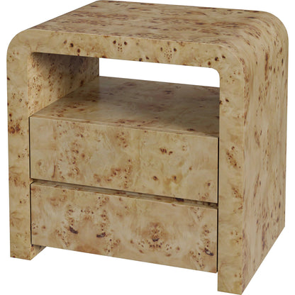 Cora 2 Drawer Nightstand by Butler Specialty Company in light brown and light burl. Made from rubberwood solids, mappa burl veneer, mdf in a transitional style.