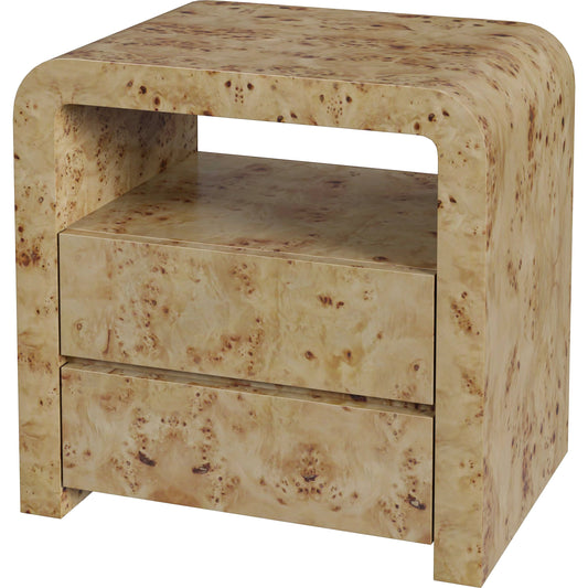 Cora 2 Drawer Nightstand by Butler Specialty Company in light brown and light burl. Made from rubberwood solids, mappa burl veneer, mdf in a transitional style.
