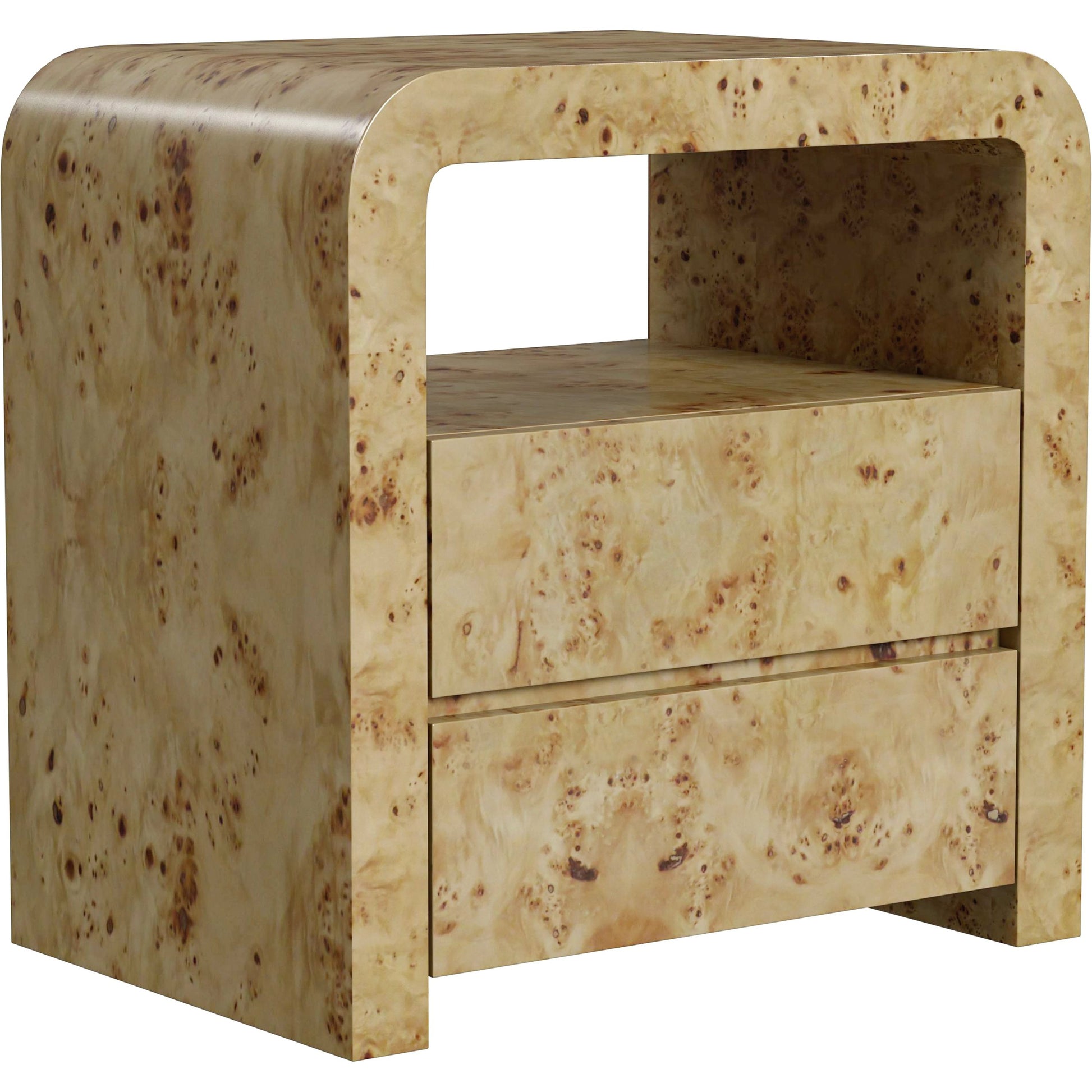 Cora 2 Drawer Nightstand by Butler Specialty Company in light brown and light burl. Made from rubberwood solids, mappa burl veneer, mdf in a transitional style.