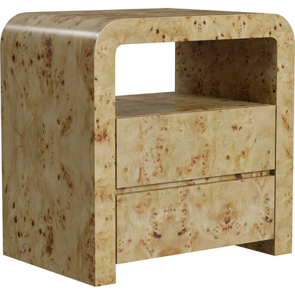 Cora 2 Drawer Nightstand by Butler Specialty Company in light brown and light burl. Made from rubberwood solids, mappa burl veneer, mdf in a transitional style.