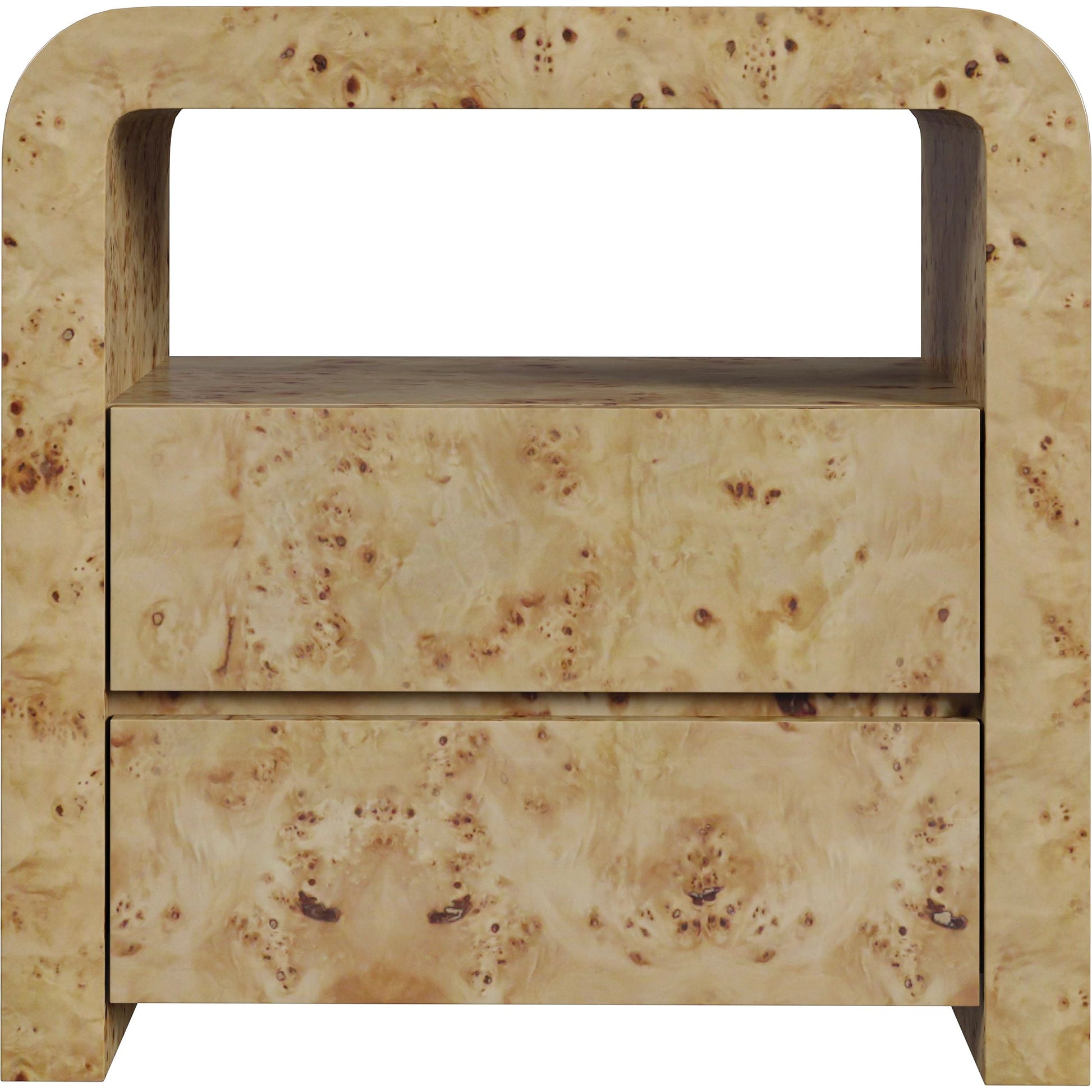 Cora 2 Drawer Nightstand by Butler Specialty Company in light brown and light burl. Made from rubberwood solids, mappa burl veneer, mdf in a transitional style.