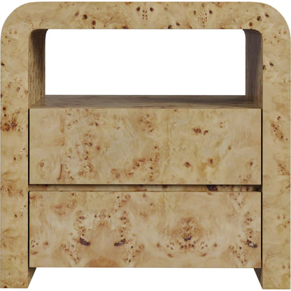 Cora 2 Drawer Nightstand by Butler Specialty Company in light brown and light burl. Made from rubberwood solids, mappa burl veneer, mdf in a transitional style.