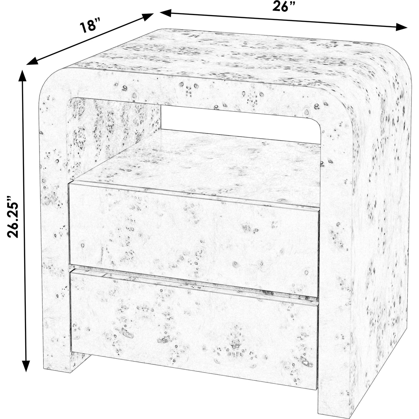 002 SI-2077795 | Additional Silo | Cora 2 Drawer Nightstand by Butler Specialty Company in light brown and light burl. Made from rubberwood solids, mappa burl veneer, mdf in a transitional style.