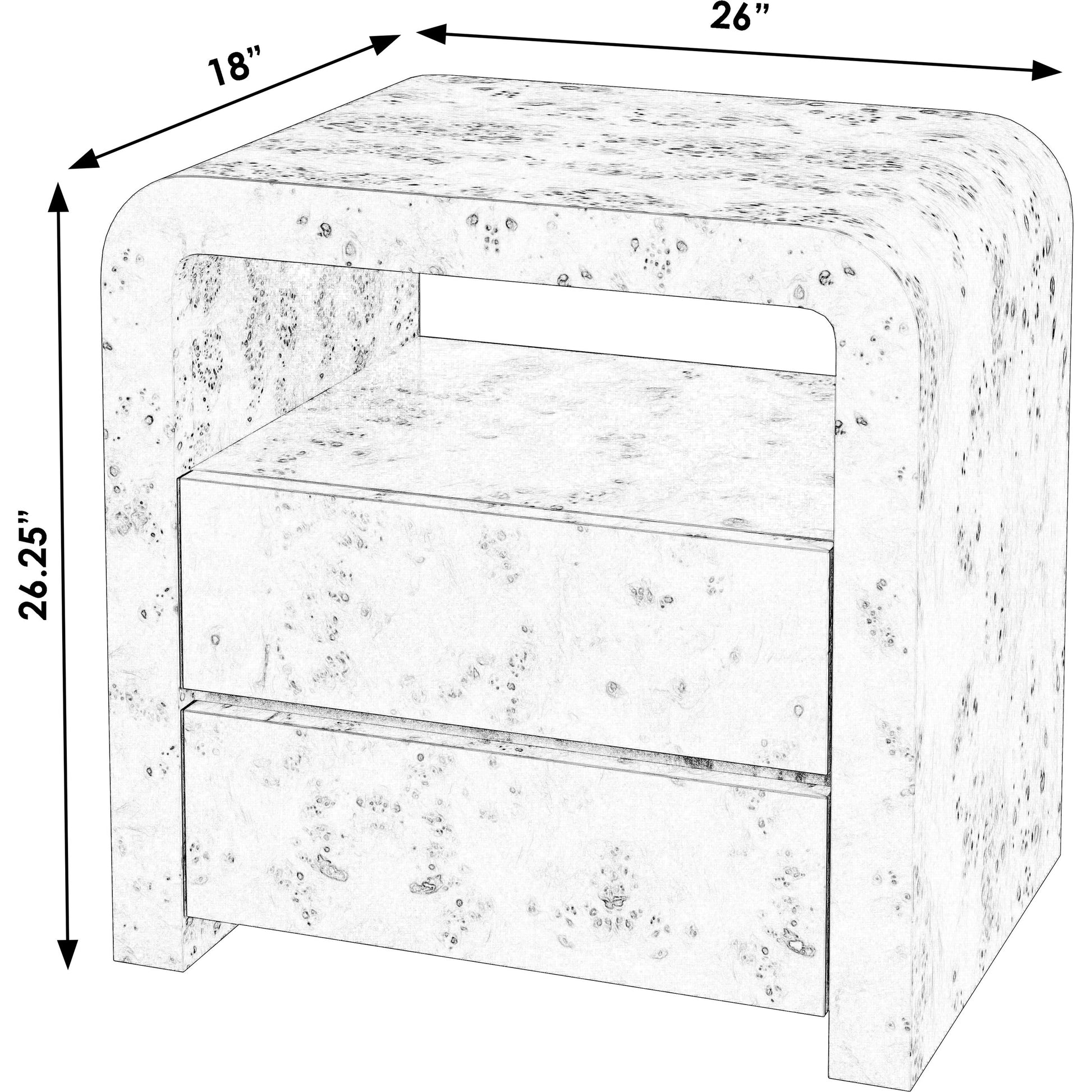 Cora 2 Drawer Nightstand by Butler Specialty Company in light brown and light burl. Made from rubberwood solids, mappa burl veneer, mdf in a transitional style.