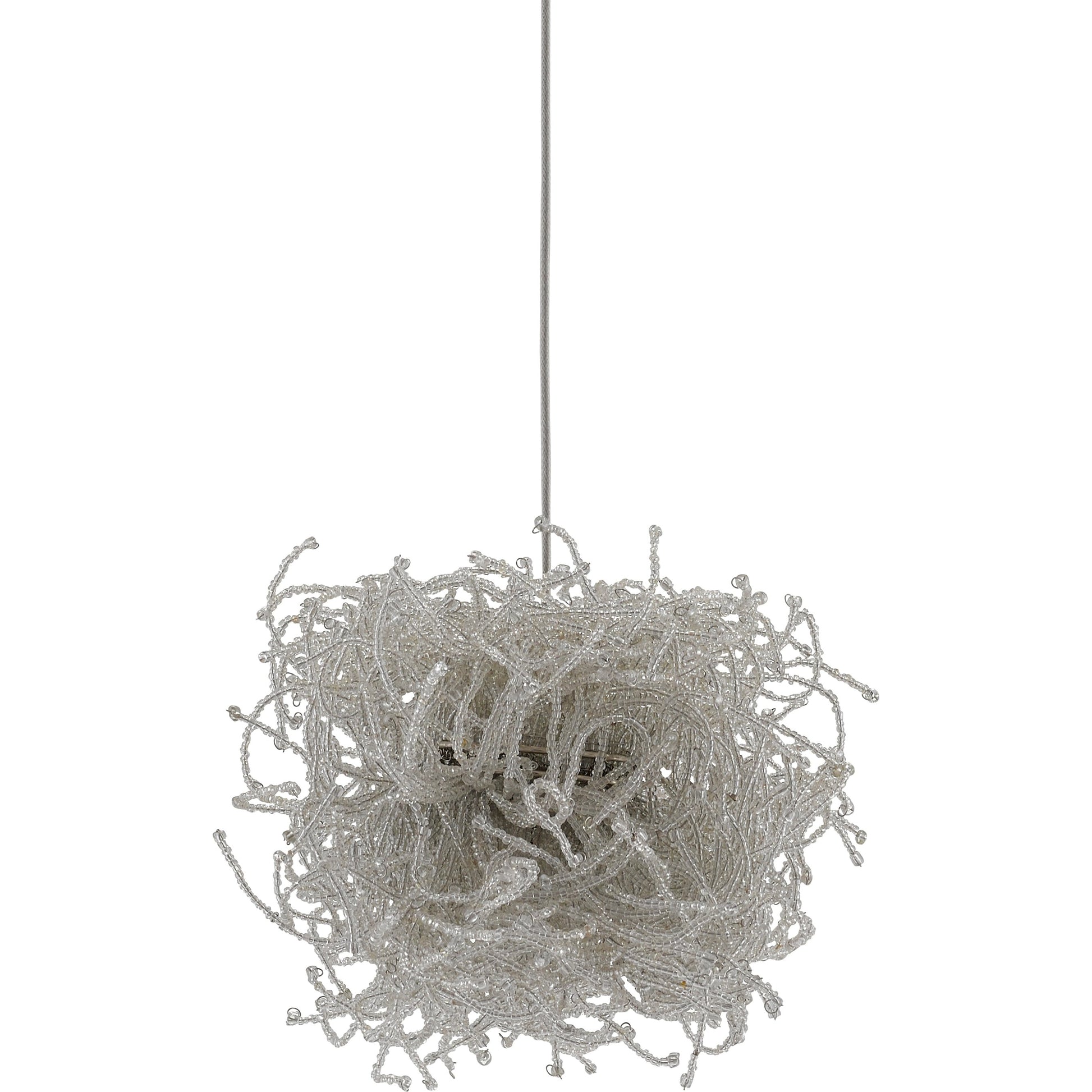 Birds Nest Pendant by Currey and Company in painted silver, clear. Made from metal, glass bead in a modern style.