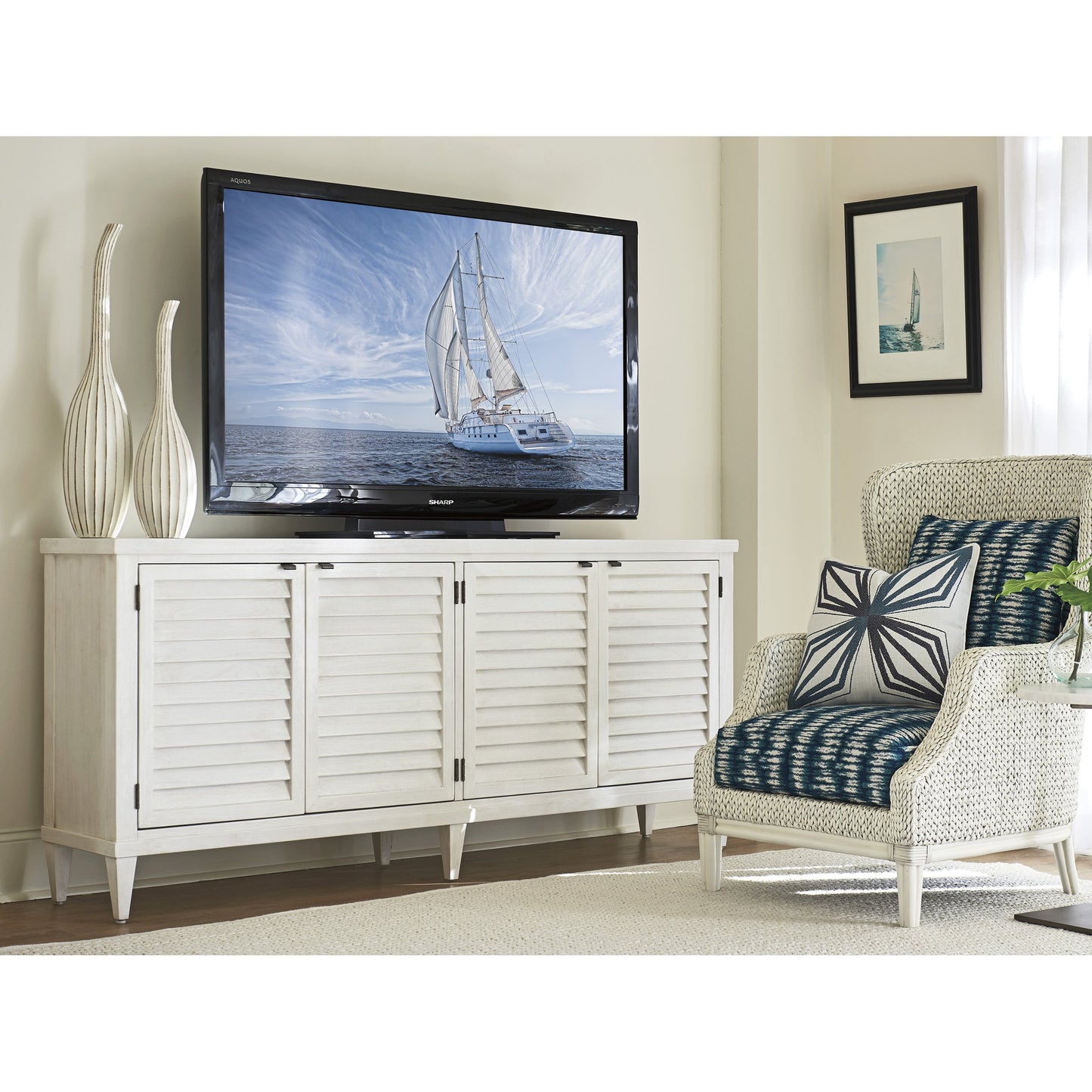 004 SR-836213 | Lifestyle | Lantern Bay Media Console by Tommy Bahama Home in white. Made from unique in a cottage & farmhouse style.