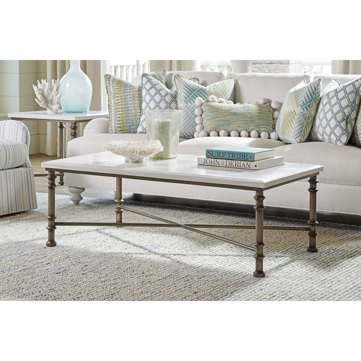003 SR-836104 | Lifestyle | Flagler Marble Top Cocktail Table by Tommy Bahama Home in white marble, pewter. Made from unique in a traditional style.
