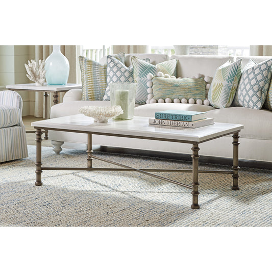 Flagler Marble Top Cocktail Table by Tommy Bahama Home in white marble, pewter. Made from unique in a traditional style.