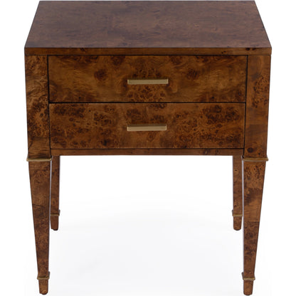 Kai 2 Drawer End Table by Butler Specialty Company. Made from poplar solids, burl veneer and mdf in a modern style.