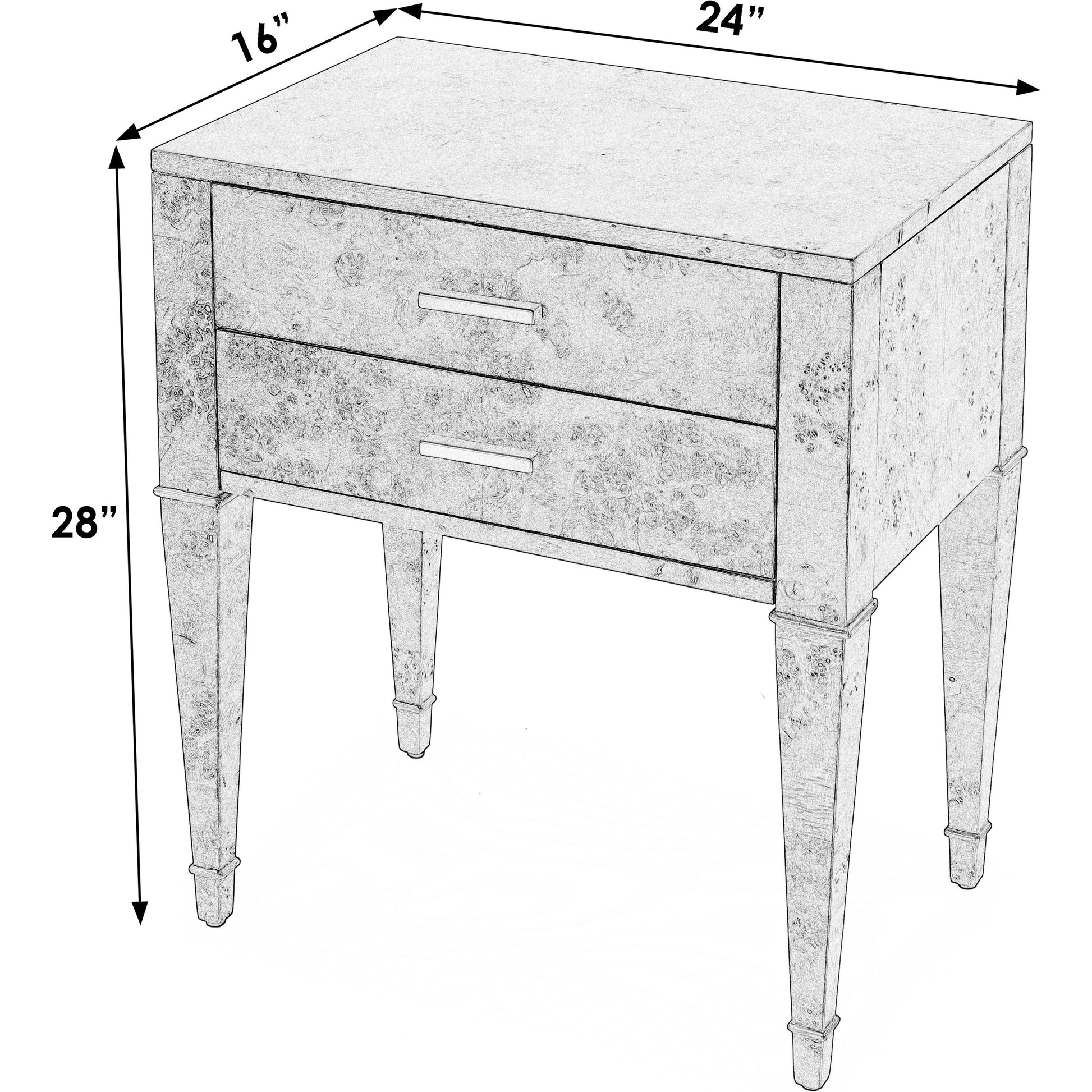 Kai 2 Drawer End Table by Butler Specialty Company. Made from poplar solids, burl veneer and mdf in a modern style.