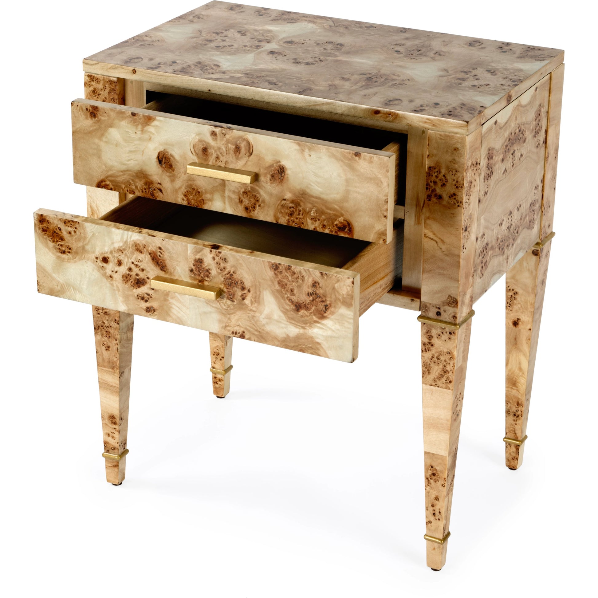 Kai 2 Drawer End Table by Butler Specialty Company. Made from poplar solids, burl veneer and mdf in a modern style.