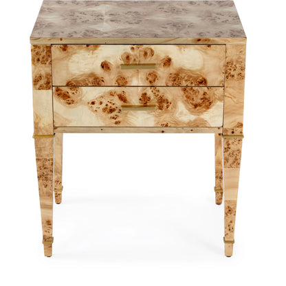 Kai 2 Drawer End Table by Butler Specialty Company. Made from poplar solids, burl veneer and mdf in a modern style.