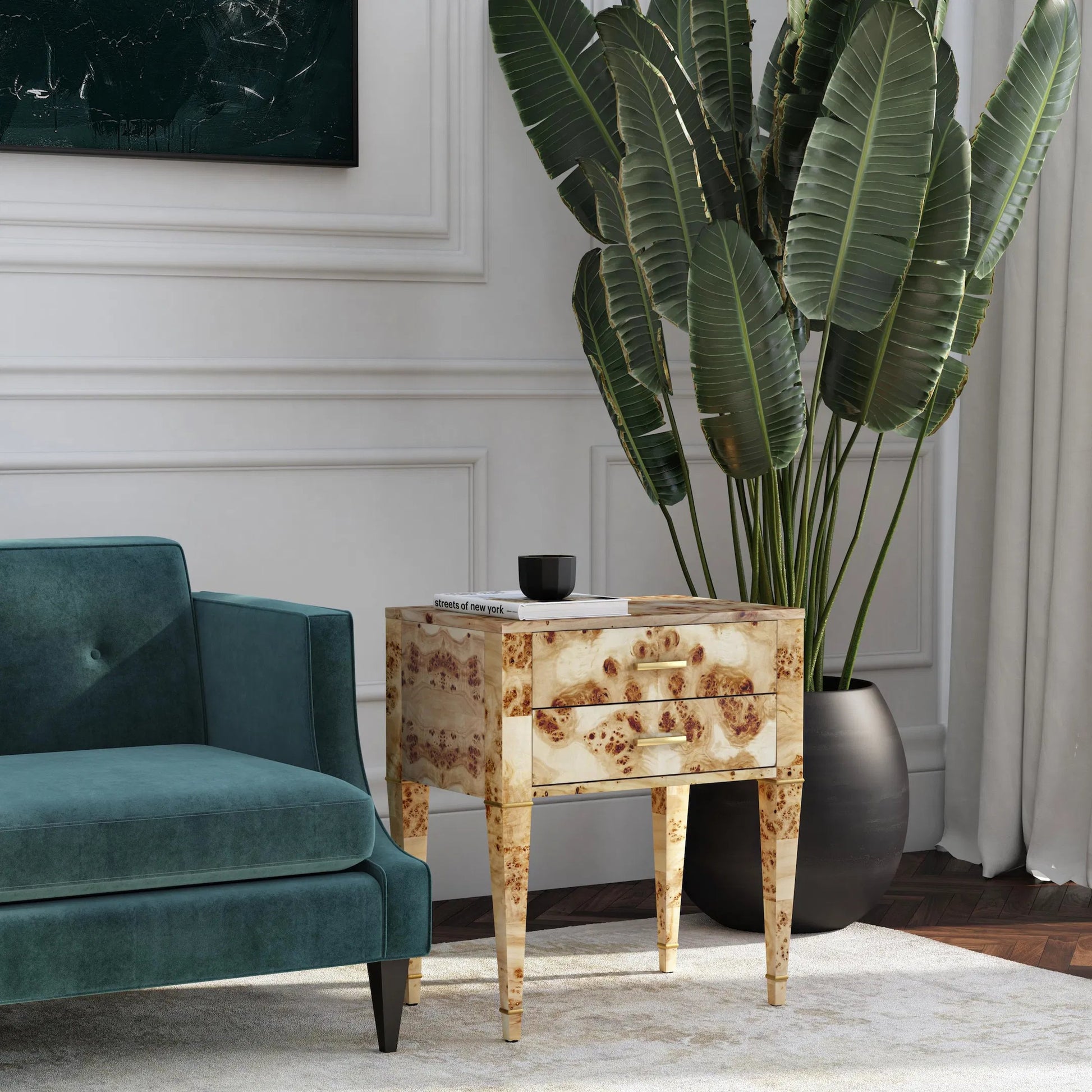 Kai 2 Drawer End Table by Butler Specialty Company. Made from poplar solids, burl veneer and mdf in a modern style.