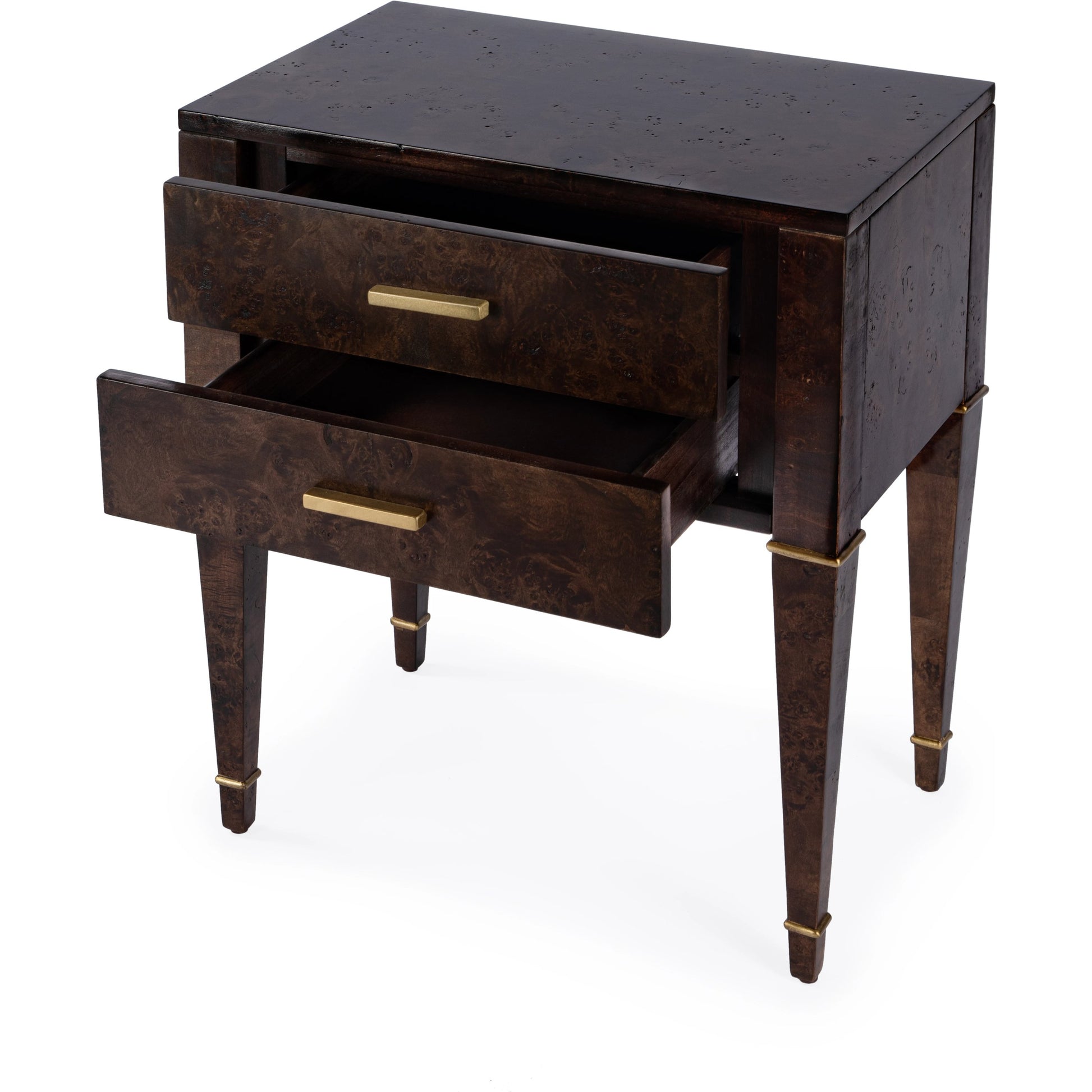 Kai 2 Drawer End Table by Butler Specialty Company. Made from poplar solids, burl veneer and mdf in a modern style.