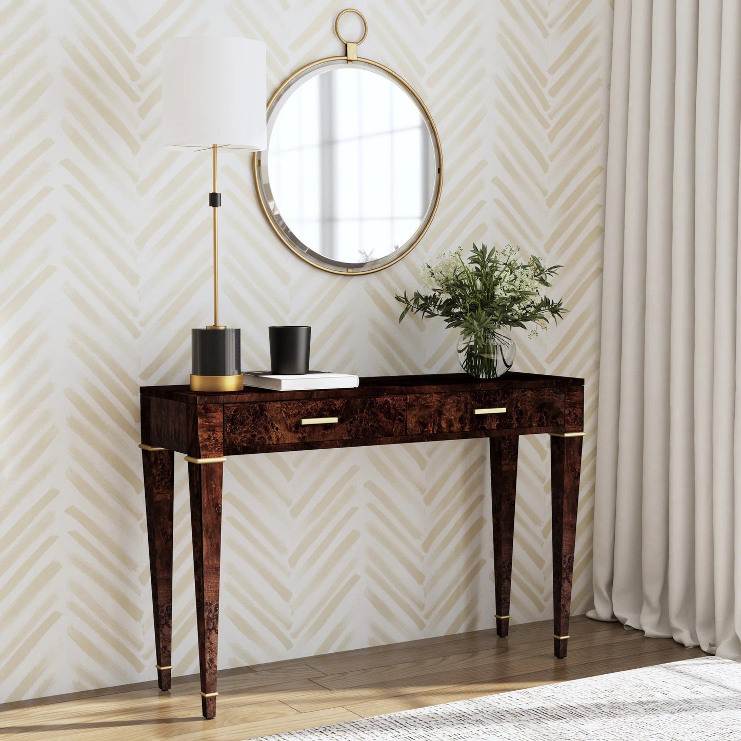 025 SI-2077804 | Lifestyle | Kai 2 Drawer Burl Wood Console Table by Butler Specialty Company. Made from poplar solids, burl veneer, mdf in a modern style.
