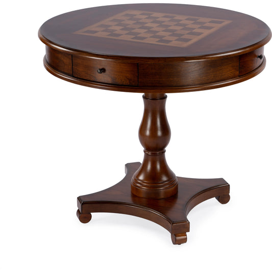 Fredrik Round Game Table by Butler Specialty Company. Made from rubberwood, poplar solids, cherry/maple/walnut veneer, mdf, resin in a traditional style.