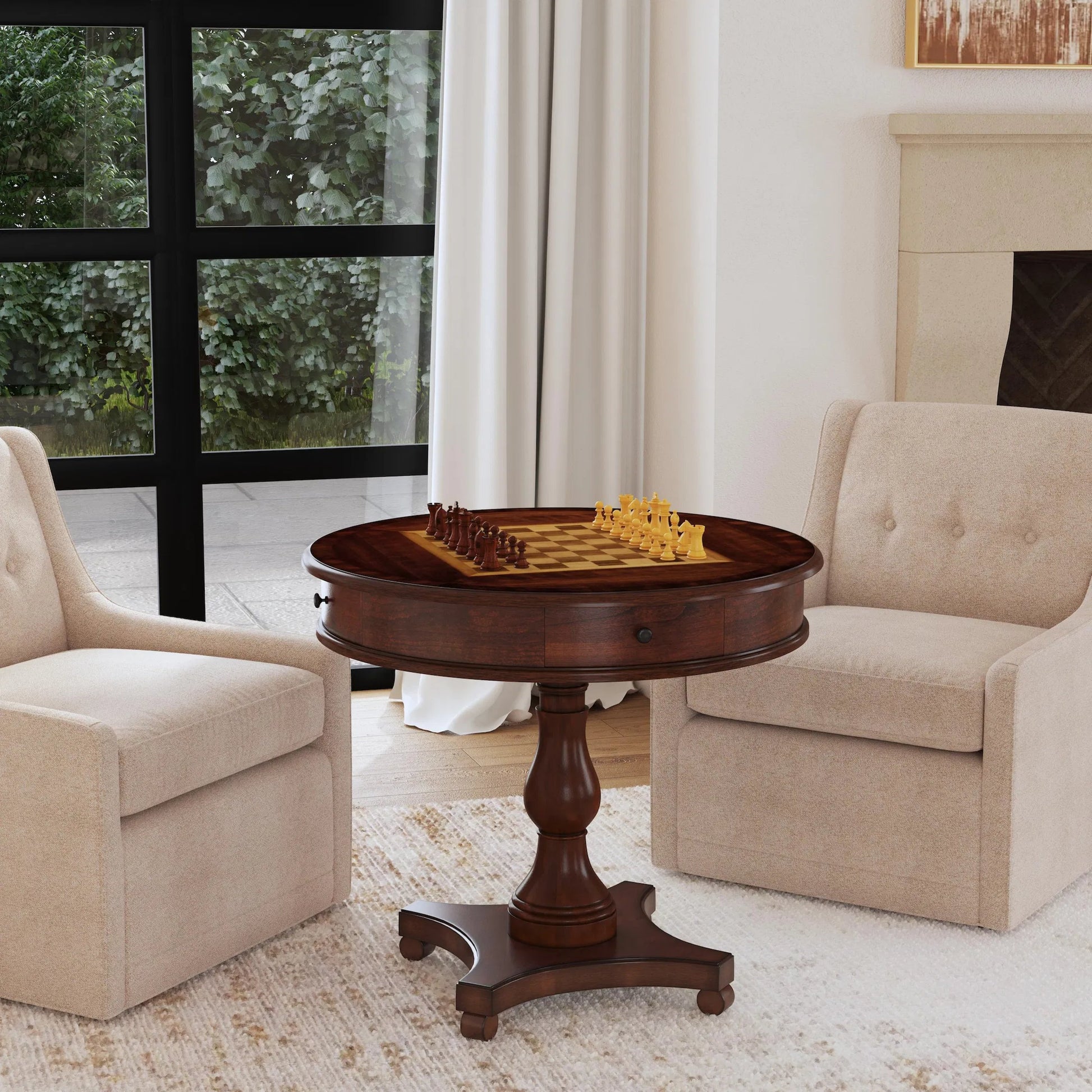 Fredrik Round Game Table by Butler Specialty Company. Made from rubberwood, poplar solids, cherry/maple/walnut veneer, mdf, resin in a traditional style.