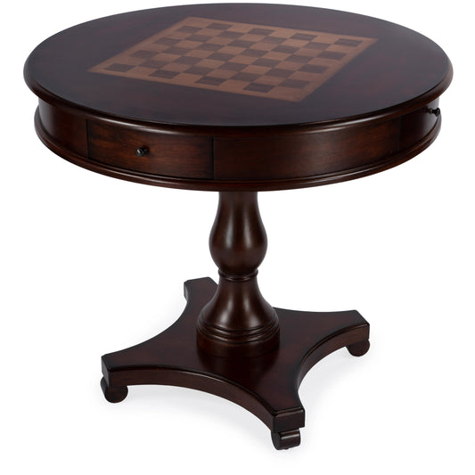 Fredrik Round Game Table by Butler Specialty Company. Made from rubberwood, poplar solids, cherry/maple/walnut veneer, mdf, resin in a traditional style.