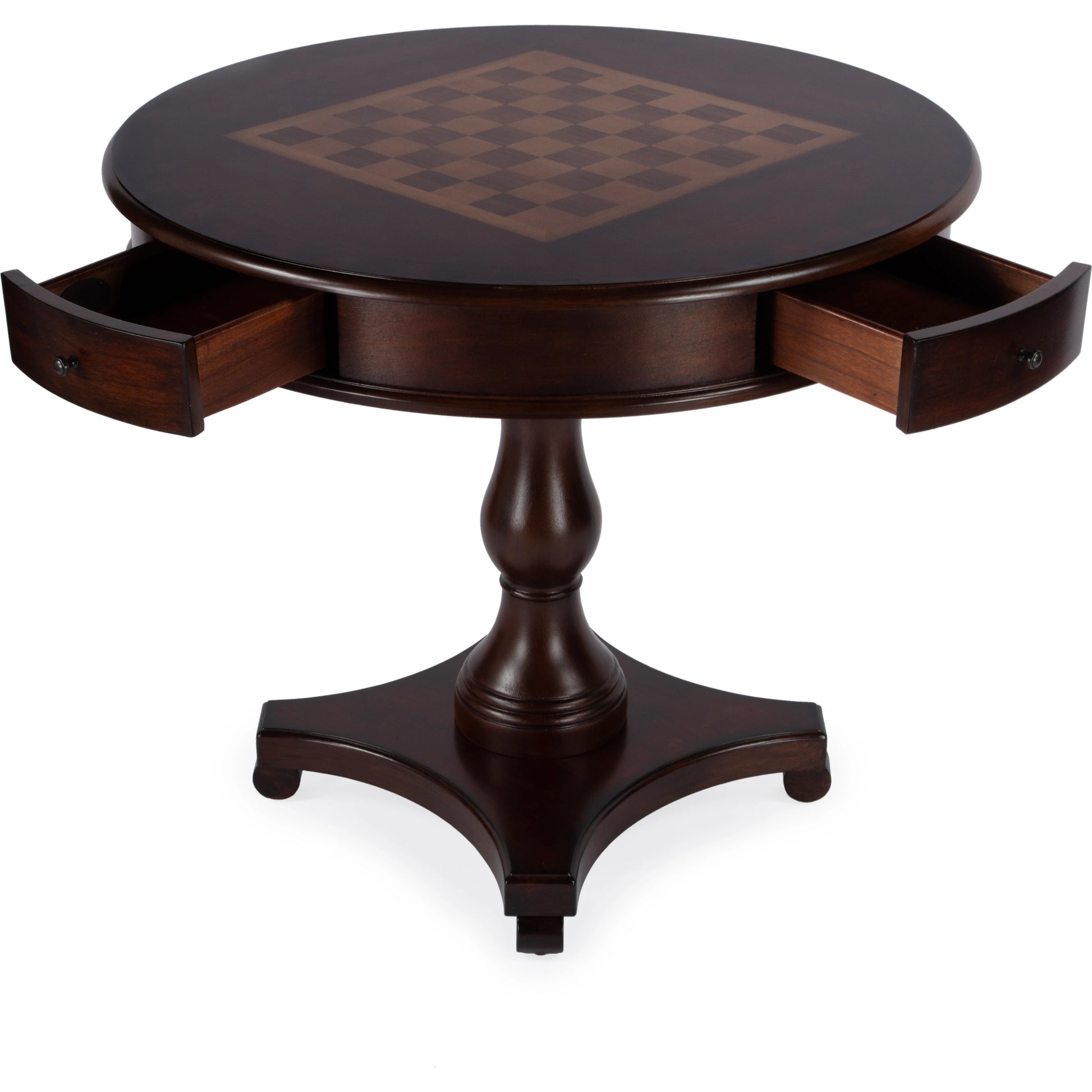 Fredrik Round Game Table by Butler Specialty Company. Made from rubberwood, poplar solids, cherry/maple/walnut veneer, mdf, resin in a traditional style.