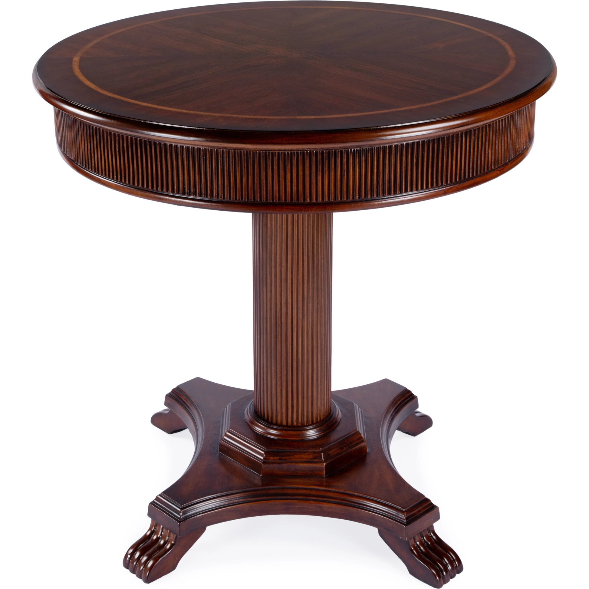 Ellsworth Ribbed Pedestal Foyer Table by Butler Specialty Company in dark brown and cherry. Made from poplar solids , cherry/maple veneer, mdf, resin in a traditional style.