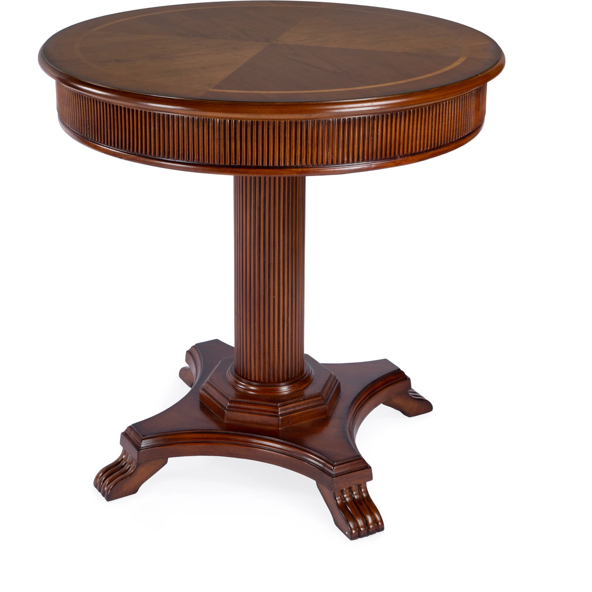 Ellsworth Ribbed Pedestal Foyer Table by Butler Specialty Company in dark brown and cherry. Made from poplar solids , cherry/maple veneer, mdf, resin in a traditional style.