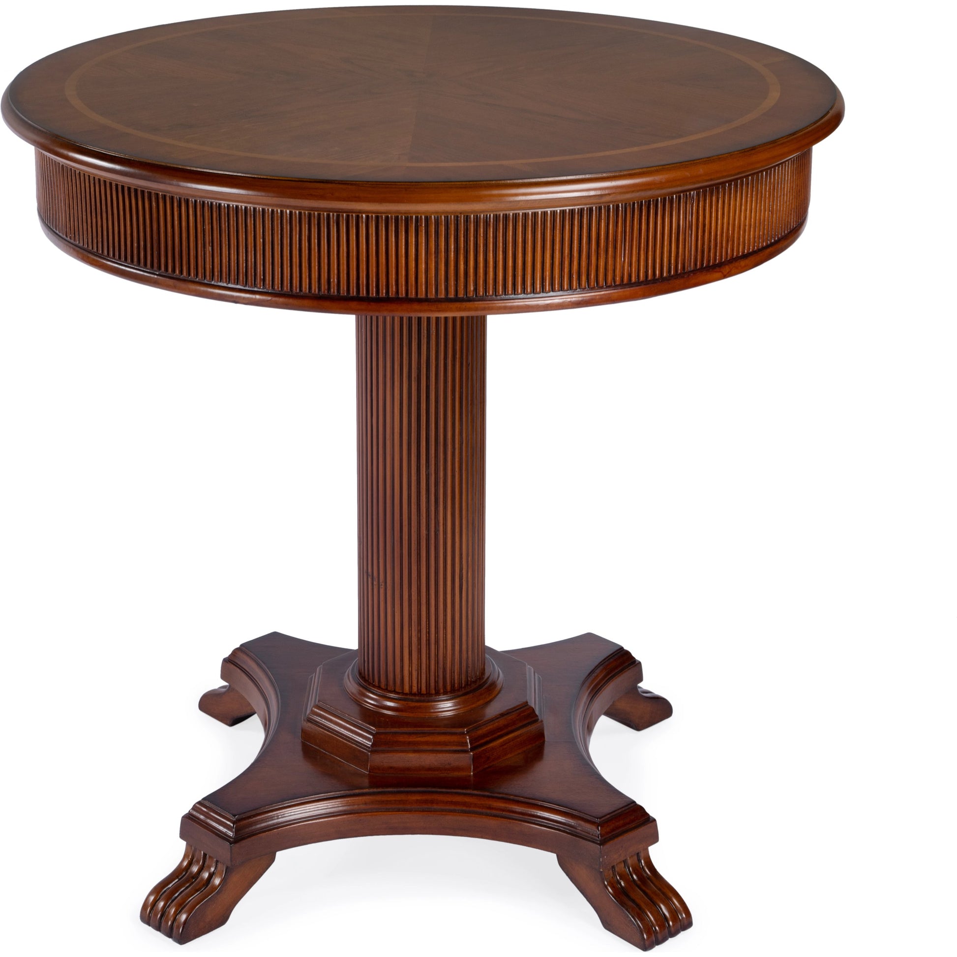 Ellsworth Ribbed Pedestal Foyer Table by Butler Specialty Company in dark brown and cherry. Made from poplar solids , cherry/maple veneer, mdf, resin in a traditional style.