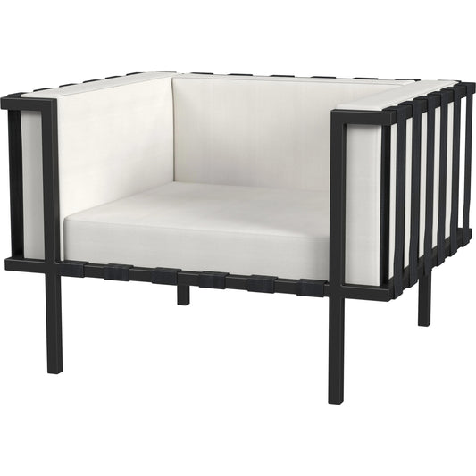 Norway Outdoor Club Chair with Cushion by Butler Specialty Company in black and white and black. Made from made from iron, foam, fabric, plyboard and nylon strip in a modern style.