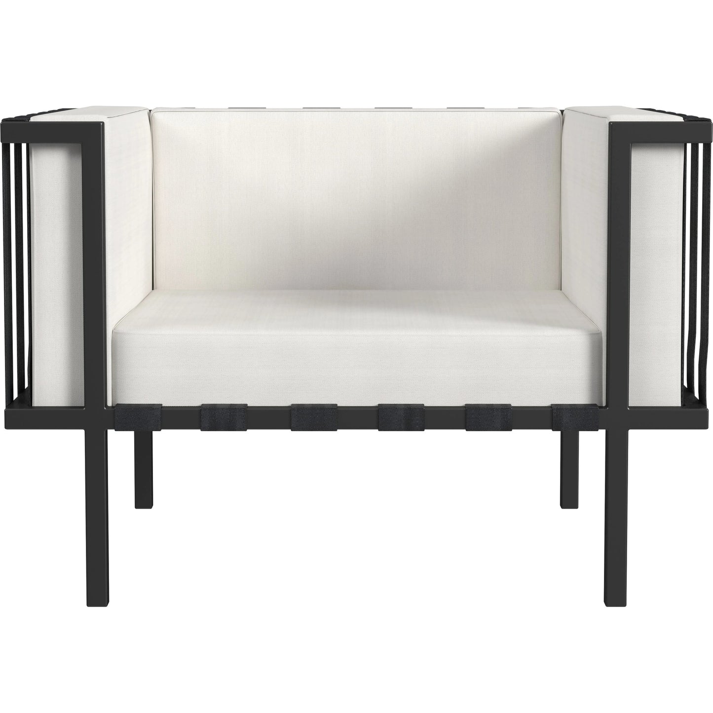 001 SI-2077817 | Primary Silo | Norway Outdoor Club Chair with Cushion by Butler Specialty Company in black and white and black. Made from made from iron, foam, fabric, plyboard and nylon strip in a modern style.