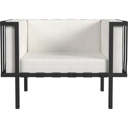 Norway Outdoor Club Chair with Cushion by Butler Specialty Company in black and white and black. Made from made from iron, foam, fabric, plyboard and nylon strip in a modern style.