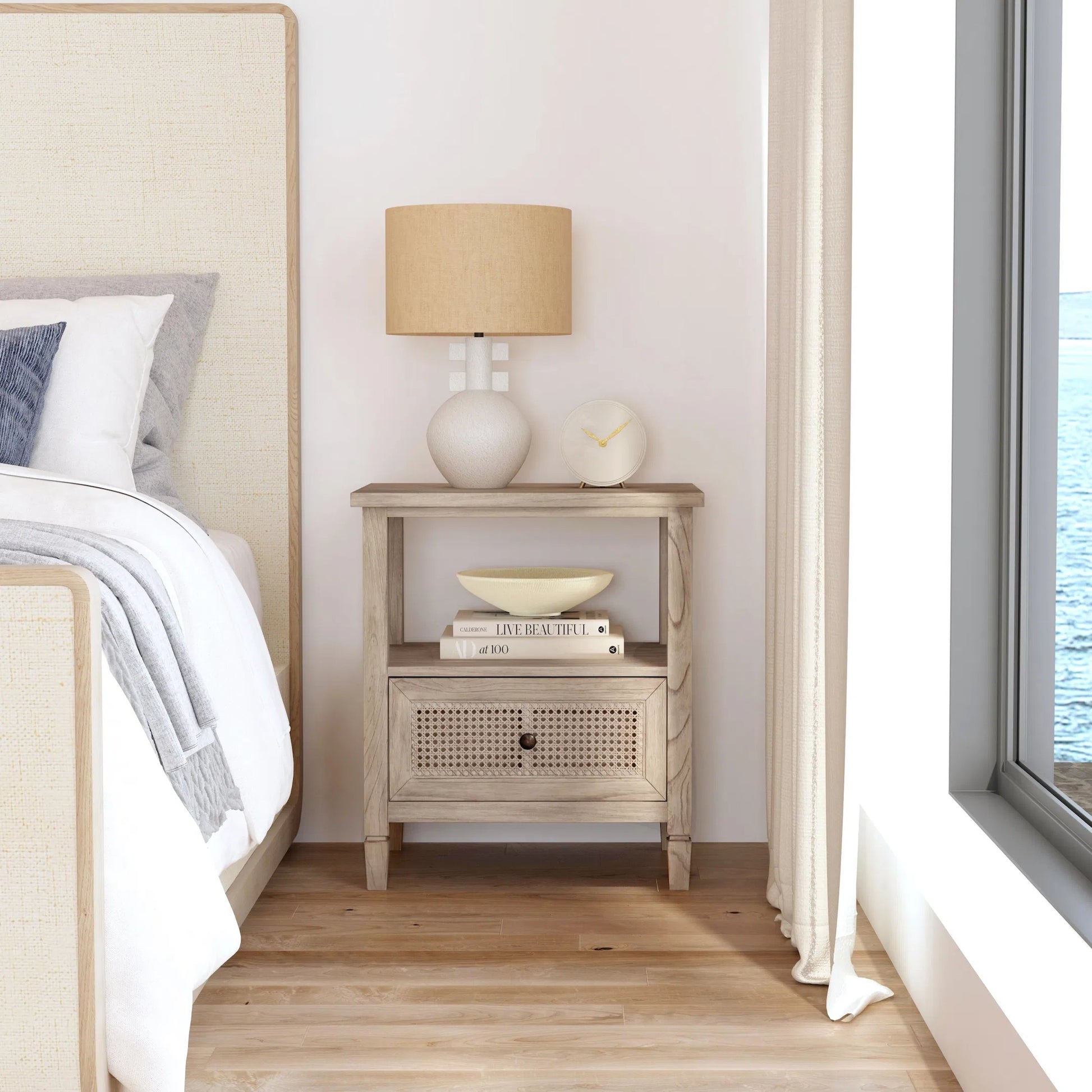 Flagstaff 1 Drawer Cane Nightstand by Butler Specialty Company in natural and desert sand. Made from mindi wood, mindi veneer, mdf, cane in a cottage & farmhouse style.