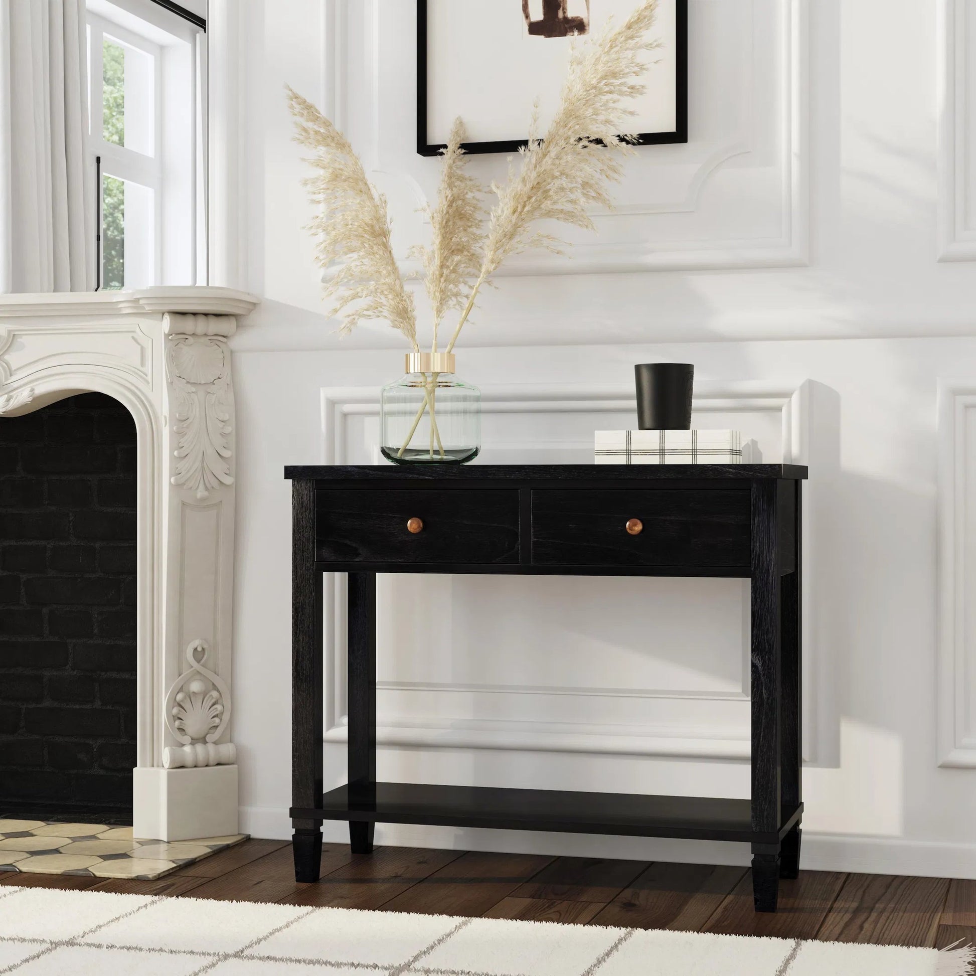 Flagstaff 2 Drawer Console Table by Butler Specialty Company in black. Made from mdf, mindi wood, mindi veneer in a unique style.