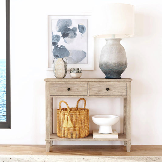 Flagstaff 2 Drawer 36" Console Table by Butler Specialty Company in natural and desert sand. Made from mindi wood, mindi veneer, mdf in a cottage & farmhouse style.