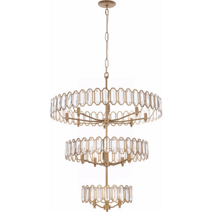Drama Club 16 Light 3 Tier Pendant by Varaluz in gold. Made from steel, crystal in a unique style.