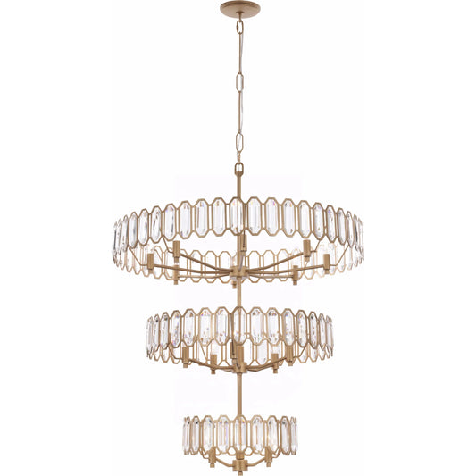 Drama Club 16 Light 3 Tier Pendant by Varaluz in gold. Made from steel, crystal in a unique style.