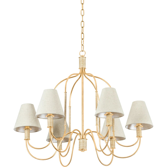 Warrensburg Chandelier by Hudson Valley in vintage gold leaf. Made from iron in a unique style.