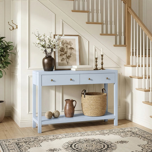 Nora Console Table by Butler Specialty Company in light blue. Made from acacia wood, acacia veneer, mdf, pine wood in a unique style.