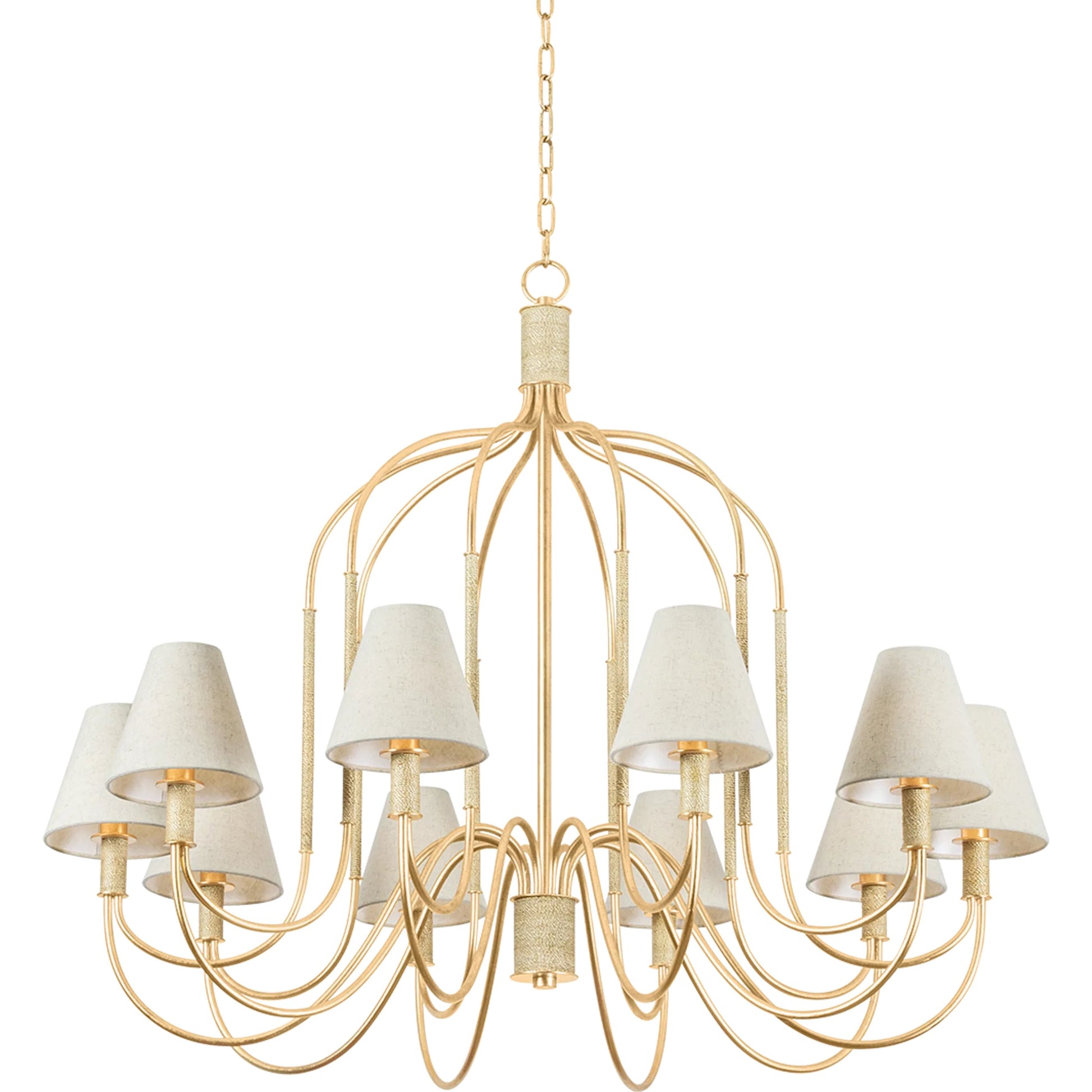 Warrensburg Chandelier by Hudson Valley in vintage gold leaf. Made from iron in a unique style.