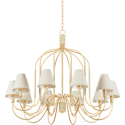 Warrensburg Chandelier by Hudson Valley in vintage gold leaf. Made from iron in a unique style.