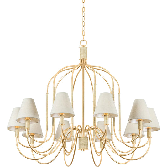 Warrensburg Chandelier by Hudson Valley in vintage gold leaf. Made from iron in a unique style.