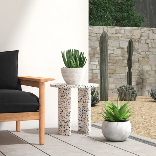 Siesta Outdoor Terrazzo Round Side Table by Butler Specialty Company in white and white terrazzo. Made from resin, aluminum, engineered wood in a modern style.