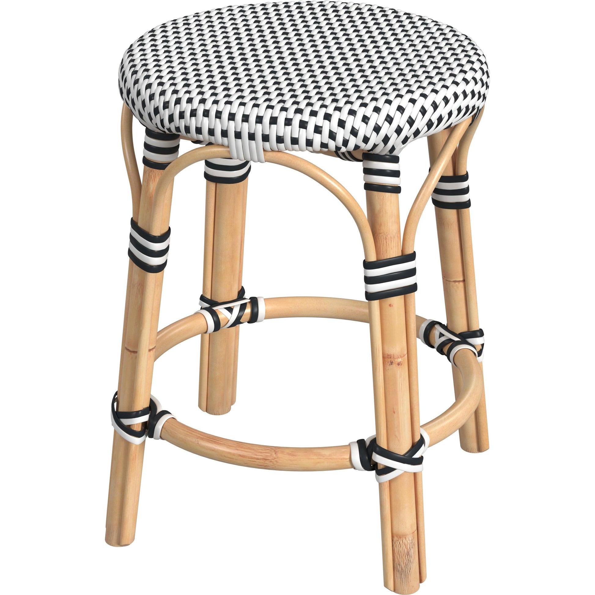 Tobias Rattan Round 18" Stool by Butler Specialty Company. Made from rattan: 60%, polyurethane synthetic rattan (pe): 40% in a coastal style.