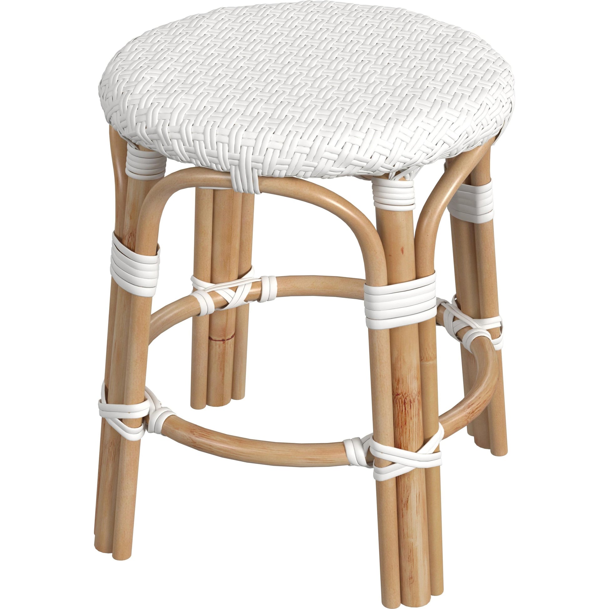 Tobias Rattan Round 18" Stool by Butler Specialty Company. Made from rattan: 60%, polyurethane synthetic rattan (pe): 40% in a coastal style.