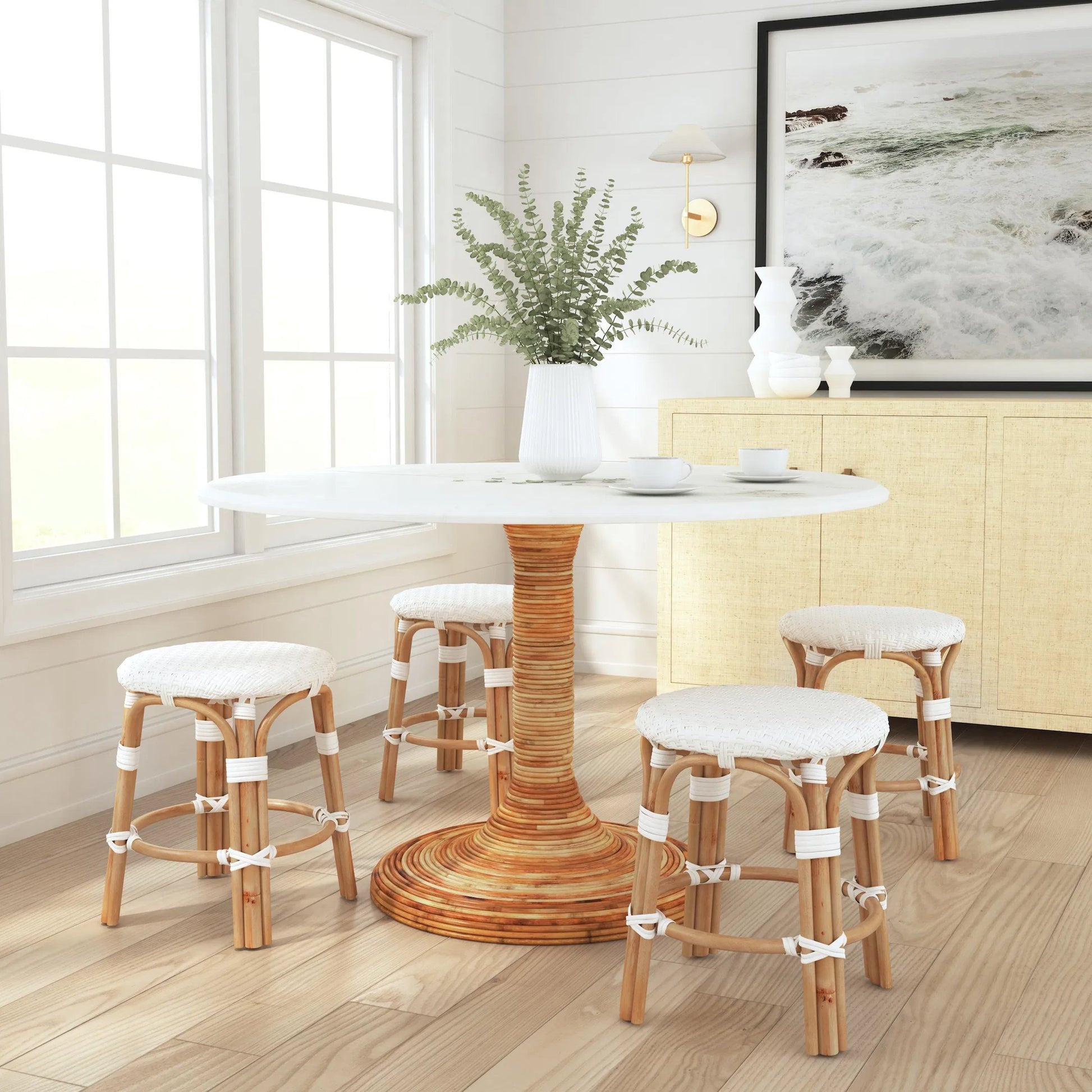 Tobias Rattan Round 18" Stool by Butler Specialty Company. Made from rattan: 60%, polyurethane synthetic rattan (pe): 40% in a coastal style.