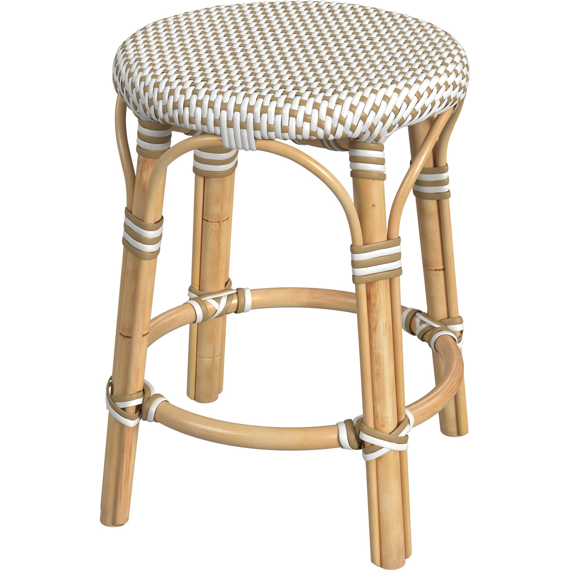 Tobias Rattan Round 18" Stool by Butler Specialty Company. Made from rattan: 60%, polyurethane synthetic rattan (pe): 40% in a coastal style.