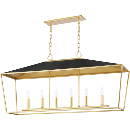 Paxton 6 Light Island Light by Hudson Valley in gold leaf, black. Made from steel in a modern style.