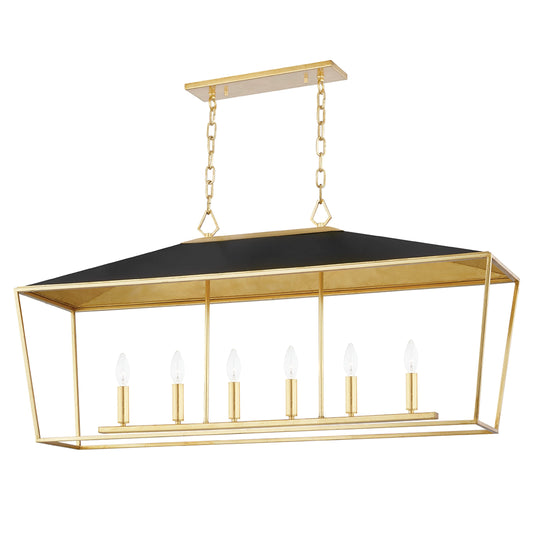 Paxton 6 Light Island Light by Hudson Valley in gold leaf, black. Made from steel in a modern style.